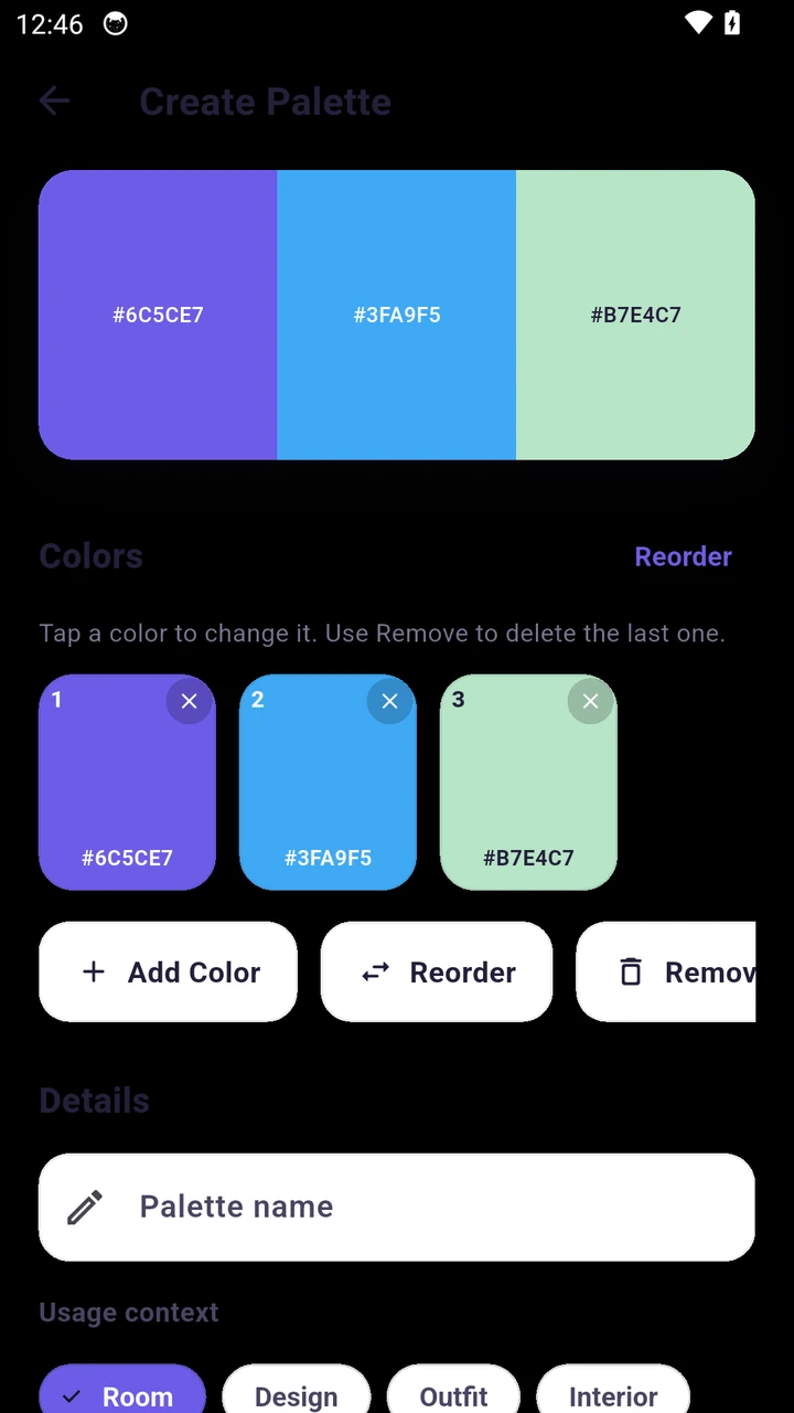 White Palette create palette screen